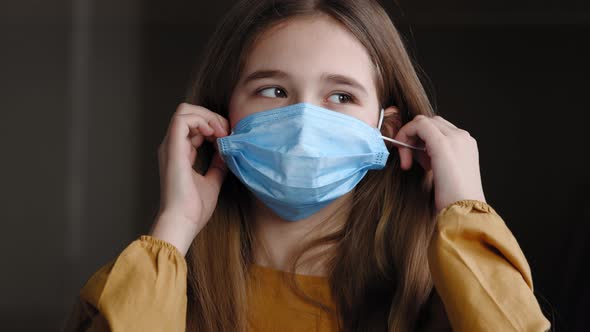 Closeup Headshot Female Masked Portrait Indoors Teenage Girl Schoolgirl Student Child Kid Daughter