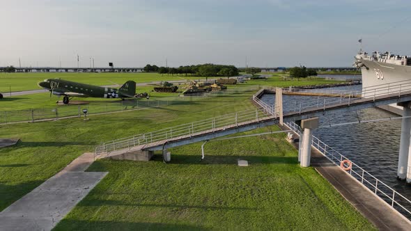 Aerial view of WWII armor vehicles and USS Alabama in Mobile, Alabama