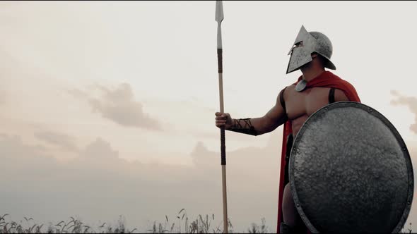 Shirtless Spartan Posing with Spear in Field