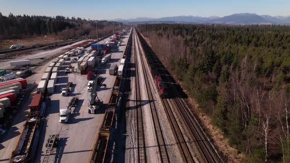 Cargo trains at Vancouver shipping terminal in Canada. Drone view