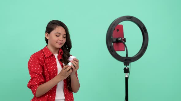 Smiling Child Beauty Blogger Use Selfie Led to Do Makeup with Powder and Brush Beauty Blog