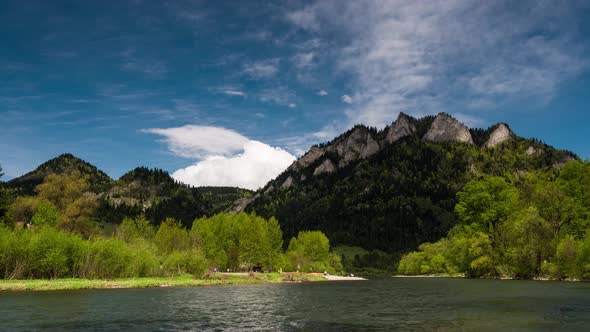 Three Crowns Mountains Peak and Dunajec River at Summer Day