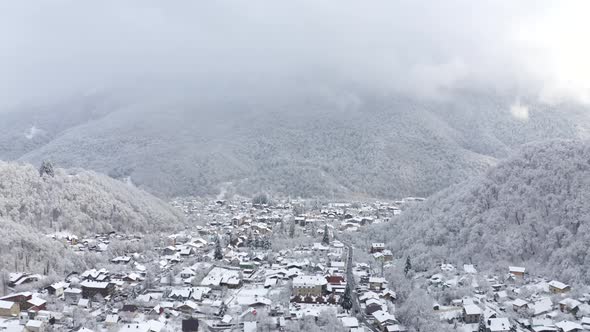 Aerial View Winter Countryside Village Infrastructure Fog Mountain Krasnaya Polyana Russia