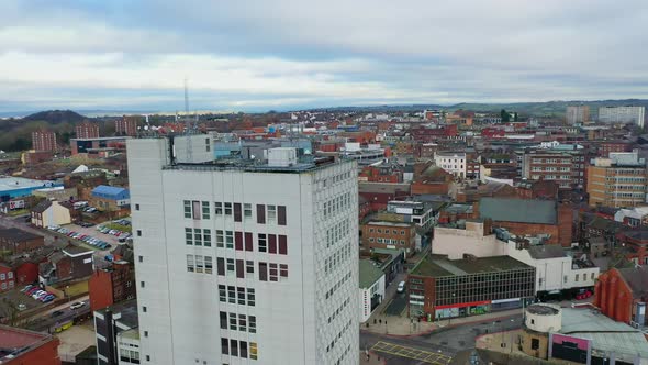 Aerial views of the main town in the potteries Stoke on Trent, Hanley the city centre with high rise