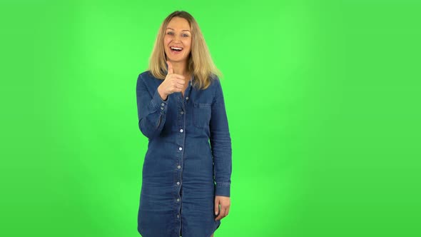 Fair Woman Is Showing Thumbs Up, Gesture Like, Green Screen