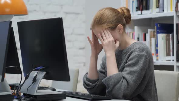 Frustrated Sad Redhead Woman with Stress and Headache