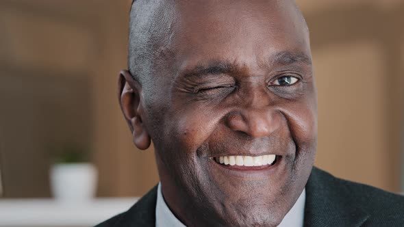 Close Up Happy Male Face 60s Businessman Elderly African American Man Grandpa Satisfied Client