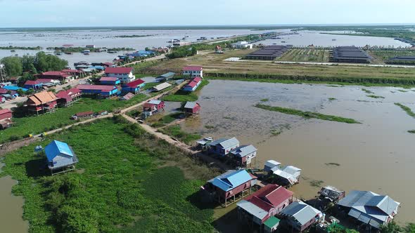 Farming and fishing village near Siem Reap in Cambodia seen from the sky