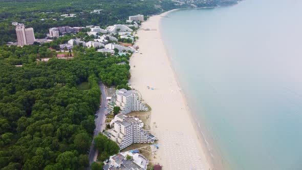 Aerial Drone View of Albena Empty Sandy Beach Resort Bulgaria