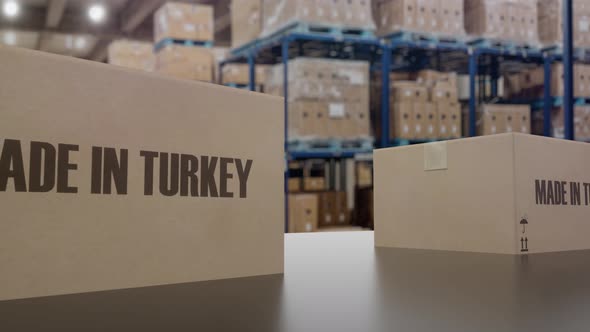 Boxes with MADE IN TURKEY Text on Conveyor