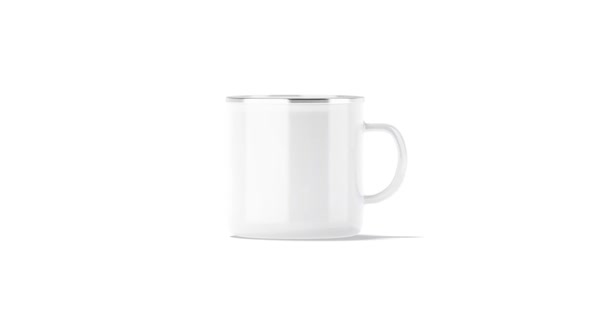 Blank white enamel mug with metal rim, looped rotation