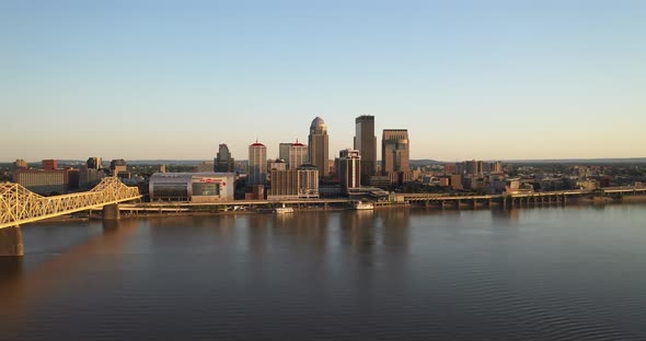 Louisville, Kentucky skyline with drone video moving in.