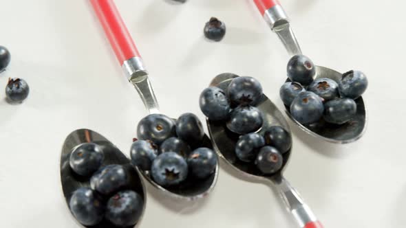 Blueberries in spoon placed on white surface 