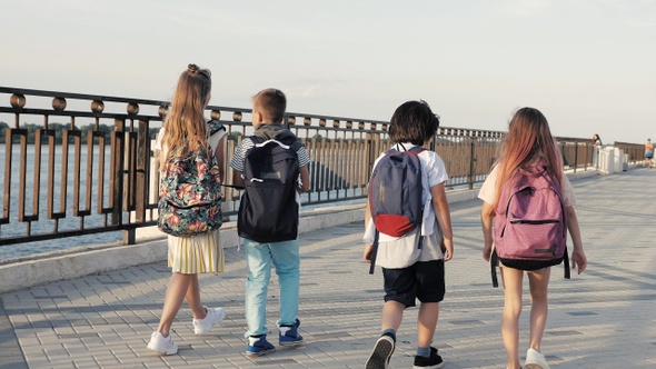 Group of Pupils with School Backpacks Are Going Back to School.