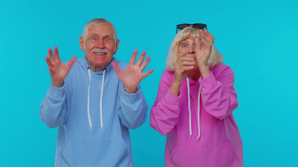 Cheerful Senior Grandparents Pensioners Showing Tongue Making Faces at Camera Fooling Around Joking
