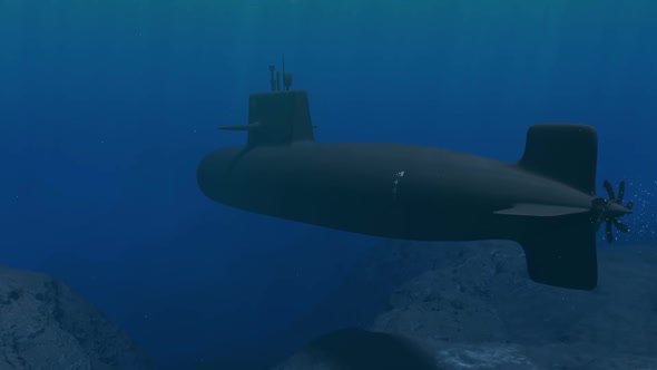 Submarine Patrolling Close To The Ocean Floor