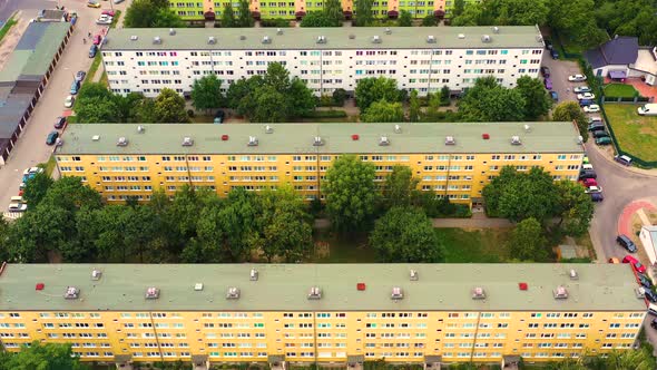 Drone view of long residential building , aerial view summer time