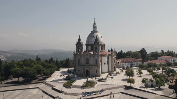 Orbital drone shot Sanctuary of Our Lady of Sameiro, Portugal