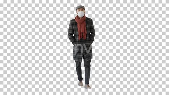 Gentleman With Medical Face Mask Walking, Alpha Channel