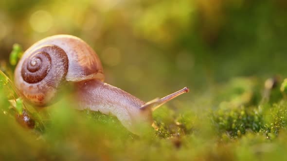 Close-up of a Snail Slowly Creeping in the Sunset Sunlight.