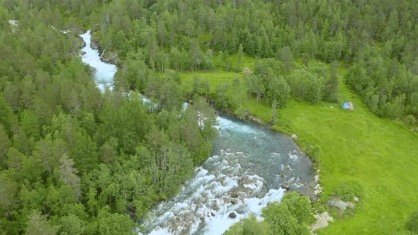 Scenic View Of Gudbrandsjuvet in Fjord, Norway - aerial shot