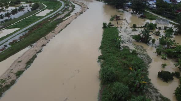 Aerial view flooded rural area