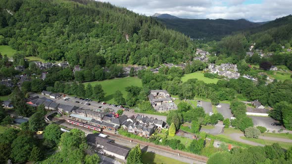 Village centre Betws y coed north Wales UK drone aerial view