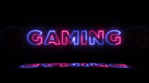 Neon glowing word 'GAMING' on a black background with reflections on a floor. Neon glow signs