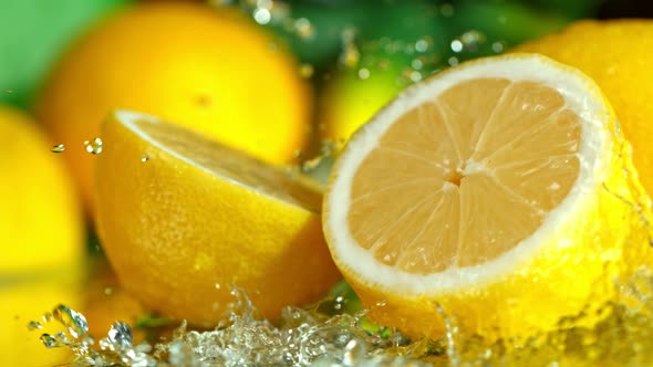 Super Slow Motion Shot of Water Falling on Fresh Lemon at 1000Fps