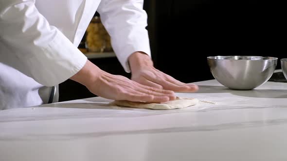 Cooking traditional Italian round pizza in  restaurant in kitchen.