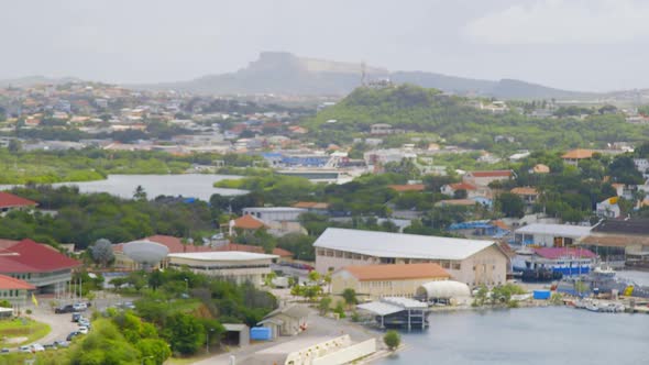 Overlooking the urban city of Willemstad on the Caribbean island of Curacao. Wide angle focus rack