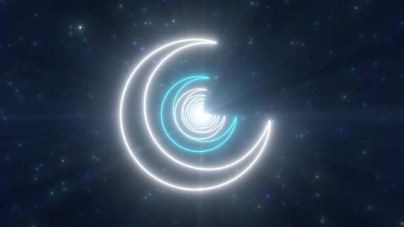 Crescent Moon Neon Lights Tunnel in Night Sky Abstract Glow Particles