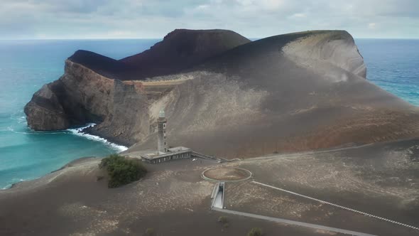 Capelinhos Volcano with Lighthouse at Cloudy Day Faial Island Azores Portugal