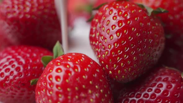 Pouring Yogurt Into Strawberries in Slow Motion.