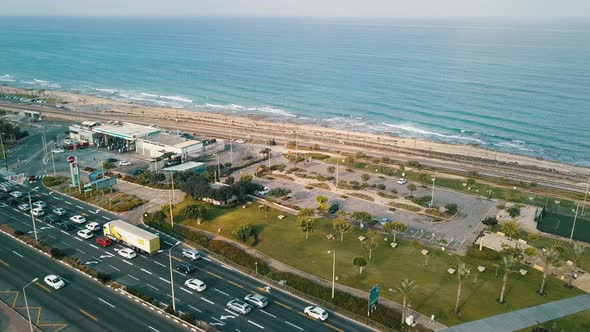 Aerial View of City Traffic on the Coast in Haifa Israel