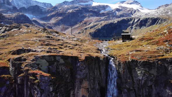 Famous Weisssee And Waterfall Inside The High Tauern National Park In Austria. aerial