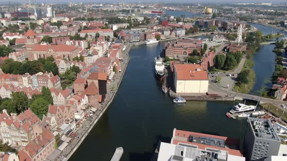 Flying over Motlawa river in Gdansk, Poland, Europe