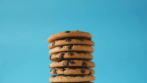 A stack of chocolate chip cookies sprout on a blue background. American cookies close up.