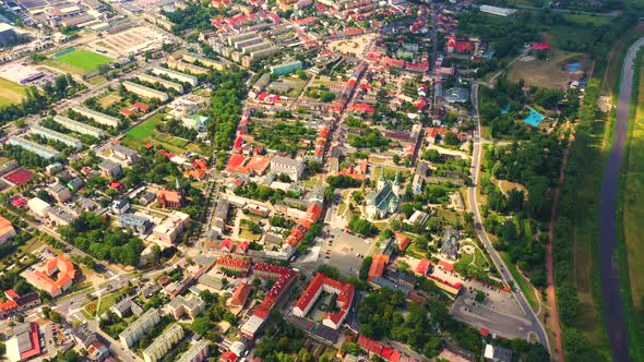 Landscape of the old town from the air with the visible. View on historic buildings on the market. L