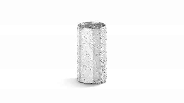 Blank white 280 ml soda can with drops, looped rotation