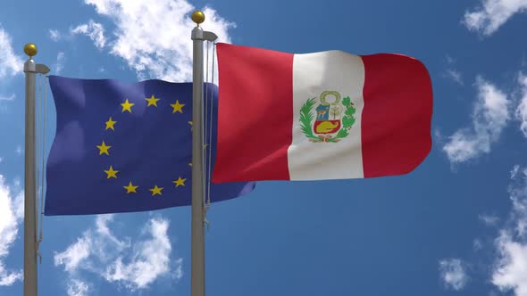 European Union Flag Vs Peru Flag On Flagpole