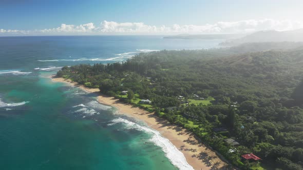 Aerial Panorama Over Haena Beach and the Houses Built on the Shore, Hawai, USA