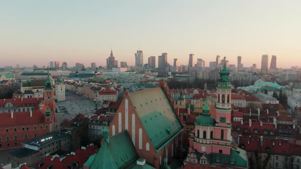 Establishing Aerial Panorama of Warsaw Cityscape Poland