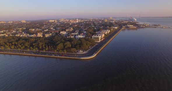 High Aerial View of the Charleston Battery and Downtown at Sunrise