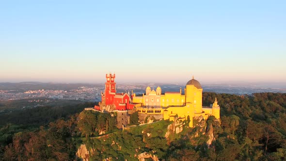 Aerial view of park and National palace of Pena, Portugal. alt
