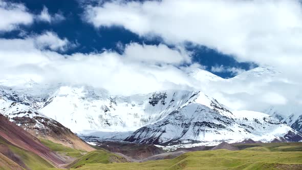 Beautiful View of the Pamir Mountains. Time Lapse. Base Camp of Lenin Peak. Kyrgyzstan.