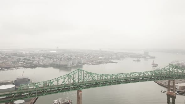The magnificent, green Maurice J. Tobin Memorial Bridge in Boston, Massachusetts - aerial
