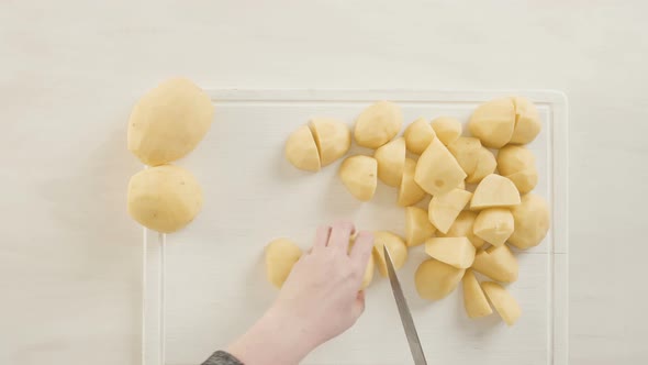 Step by step. Slicing Yukon gold potatoes for classic mashed potatoes.