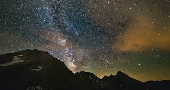 Night Sky on The Alps, Time Lapse Milky Way Stars Rotating Over Mountains