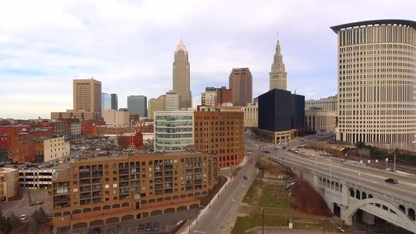 Rising drone shot of downtown Cleveland Ohio